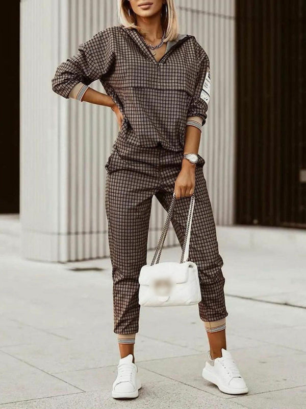 Printed long-sleeved trousers set High-quality sweater set - Brown / S