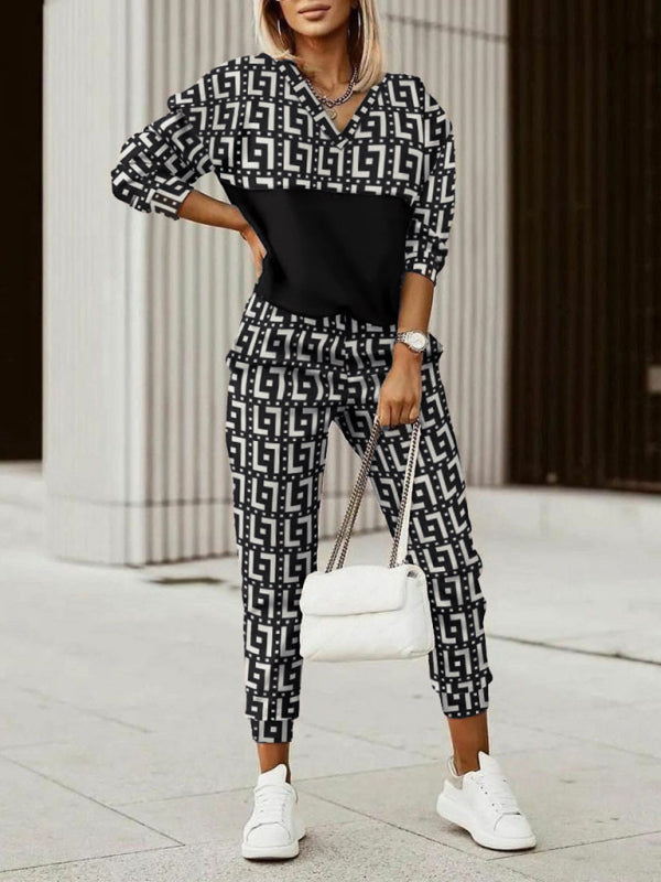 Printed long-sleeved trousers set High-quality sweater set - Khaki / S