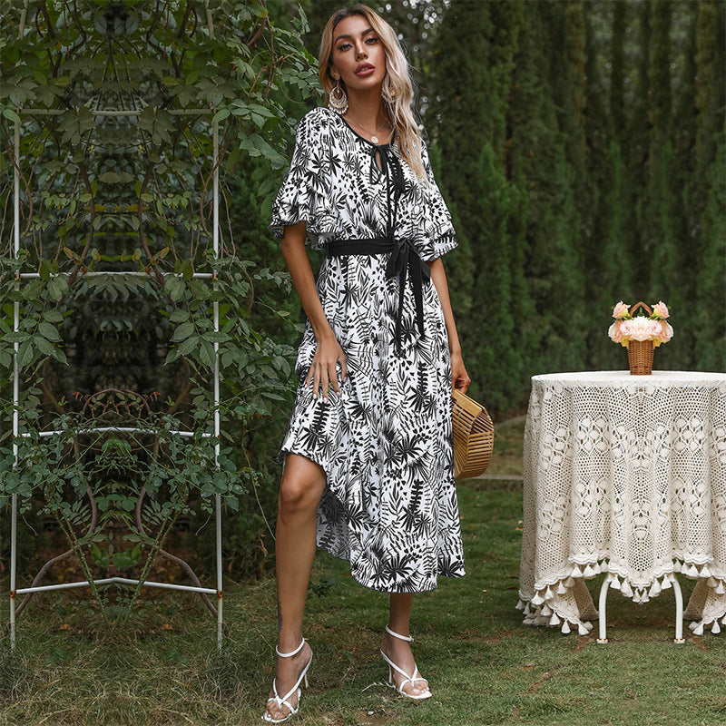 Printed v-neck short-sleeved Mori temperament dress long - Black / S