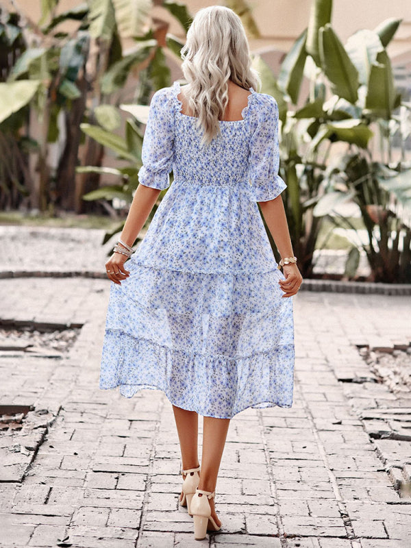 Puff Sleeve Narrow Waist Large Skirt Floral Print Dress - Closther