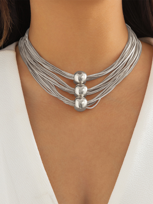 Punk multi-layer chain stacking necklace simple niche geometric sphere personality necklace - Silver grey / FREESIZE