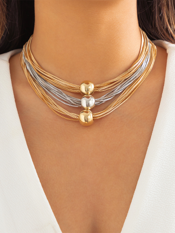 Punk multi-layer chain stacking necklace simple niche geometric sphere personality necklace - Silver / FREESIZE