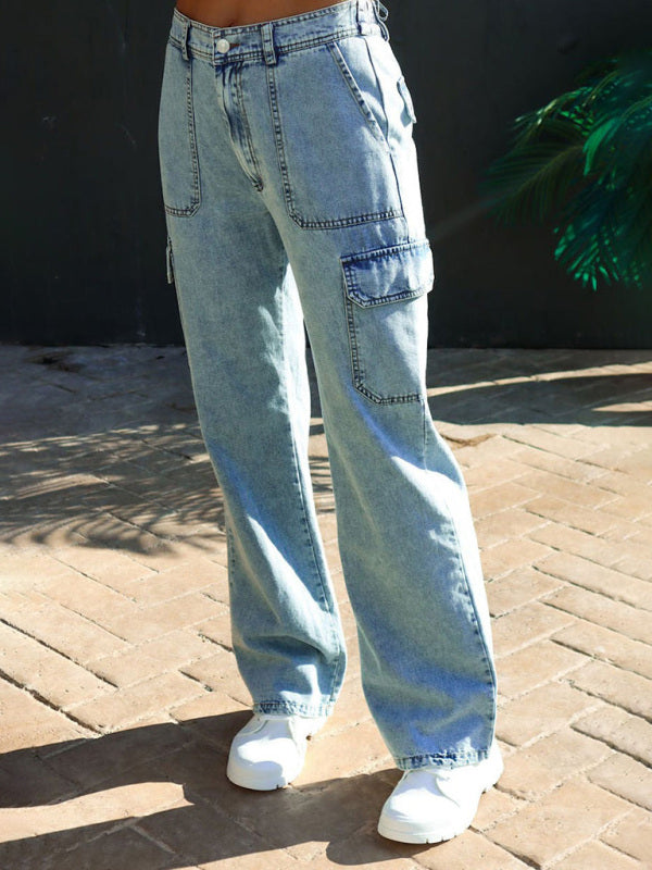 Pure cotton washed denim multi-pocket non-stretch overalls - Clear blue / S