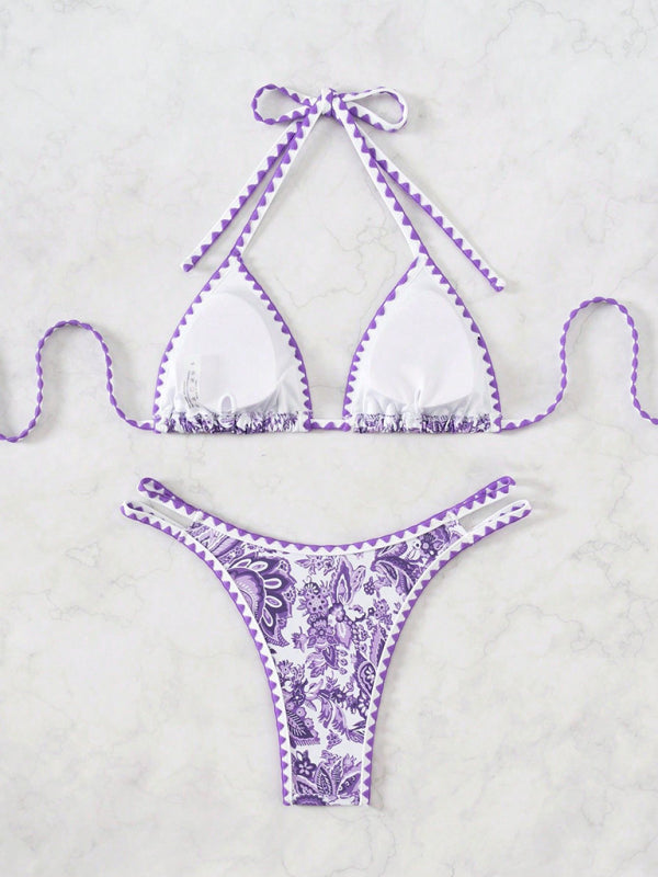 Purple and white paisley bikini with high elasticity for the Purple Printed Halter Neck Sexy Bikini