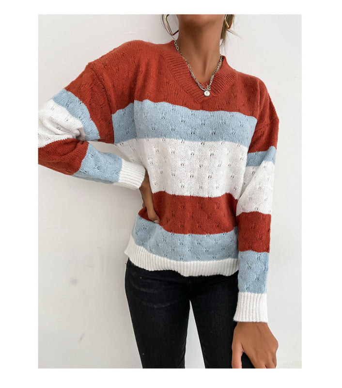 women's loose color matching long sleeve sweater top - Closther