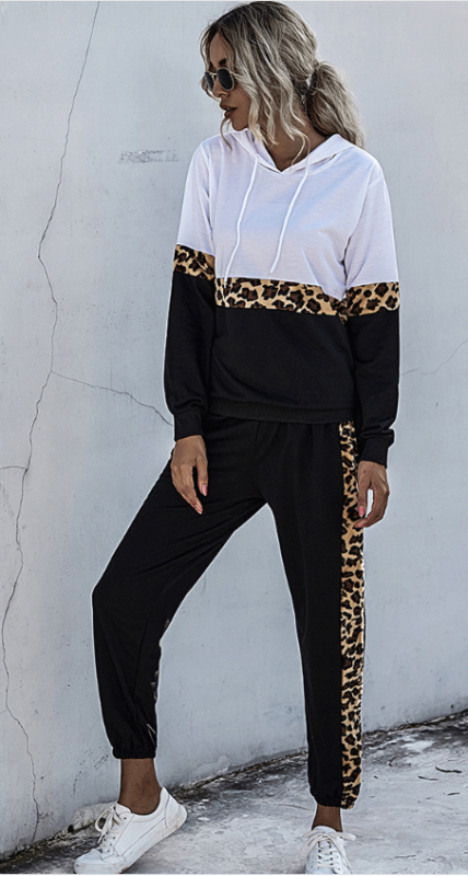 Ladies Leopard Print Stitching Hooded Sweatshirt Set - Closther