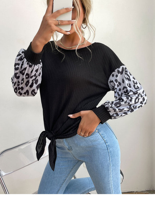 Round Neck Long Sleeve Panelled Leopard Print Black Knit Sweater - Closther