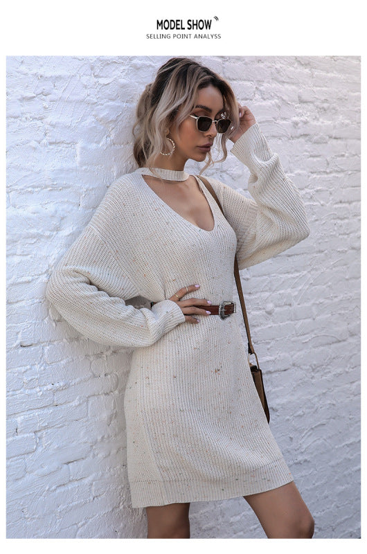 women's pullover low collar long sleeve knitted bottoming sweater dress - Closther