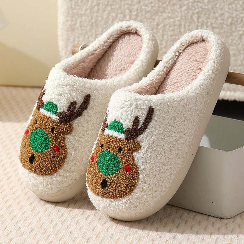Pantoufles d'intérieur chaudes et moelleuses à motif de Noël avec de jolis élans en coton. 
