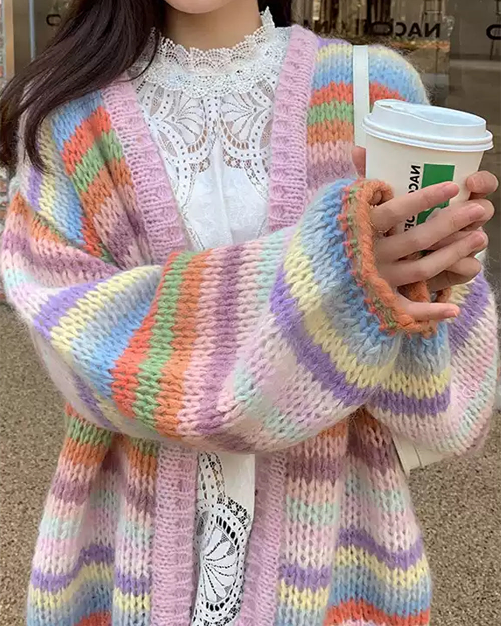 RAINBOW PASTEL CHUNKY KNIT CARDIGAN COMFORTABLE FIT