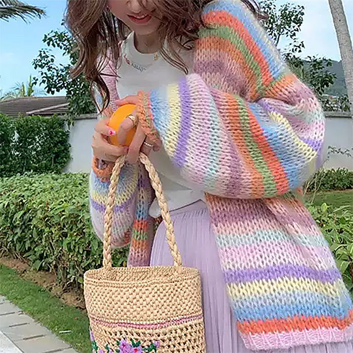 RAINBOW PASTEL CHUNKY KNIT CARDIGAN COMFORTABLE FIT
