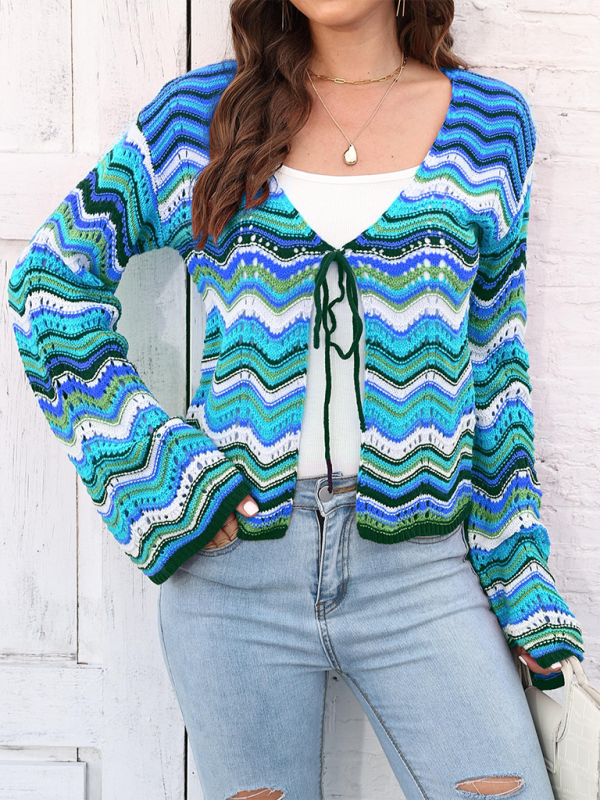 Rainbow Wave Woven Cardigan Sweater with Monochrome Stripes - Blue / S