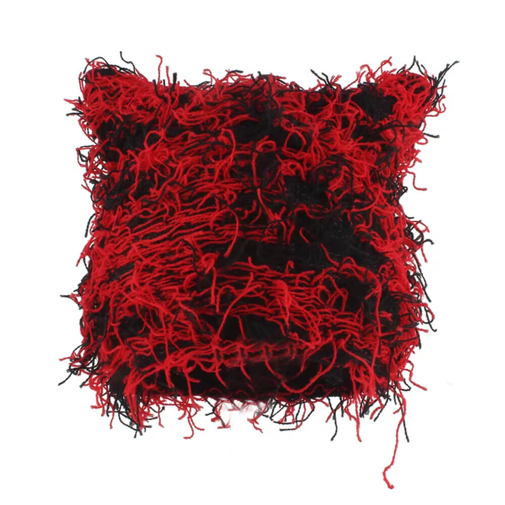 RED AND BLACK CAT EAR BEANIE DISTRESSED CAT