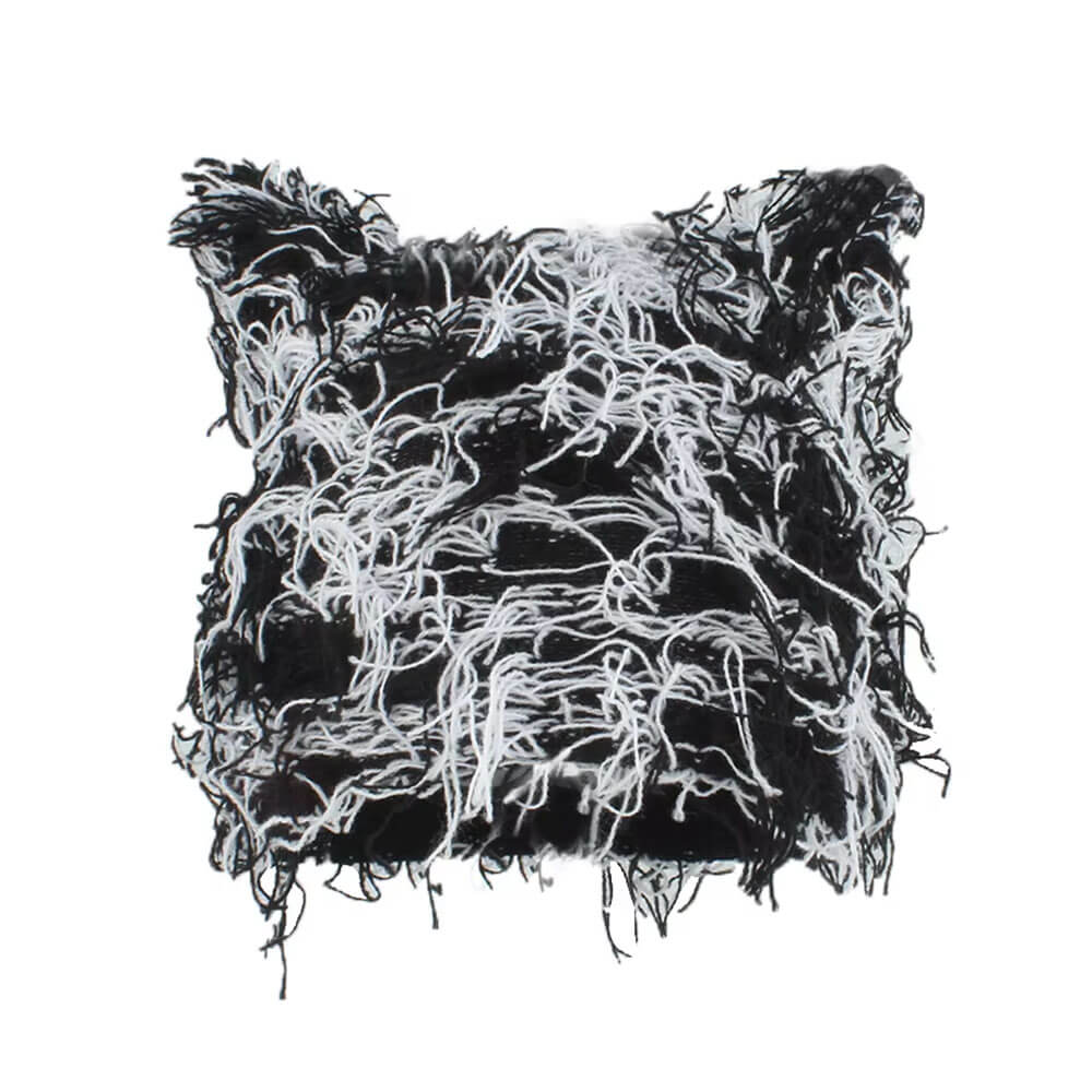 RED AND BLACK CAT EAR BEANIE DISTRESSED CAT