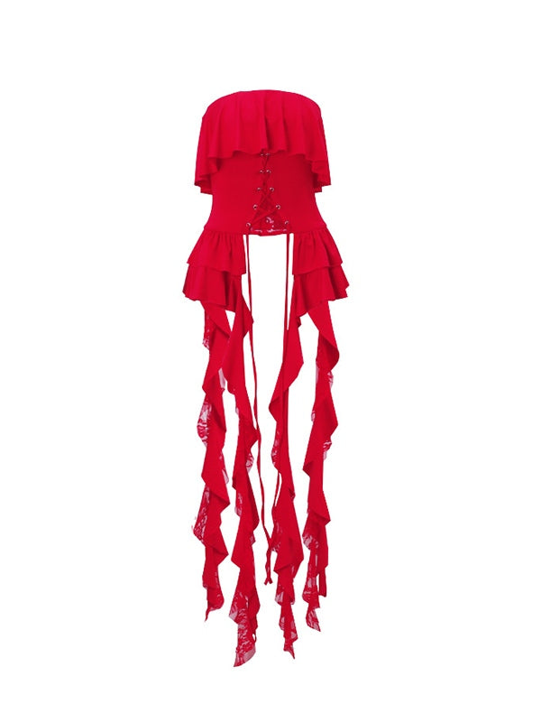 RED AND BLACK CORSET DRESS WITH ELEGANT RUFFLED JELLYFISH DESIGN