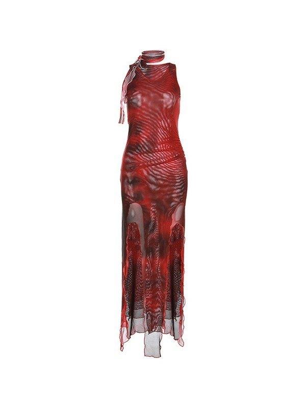 RED AND BLACK MESH BODYCON MAXI DRESS WITH HIGH LEG CUT