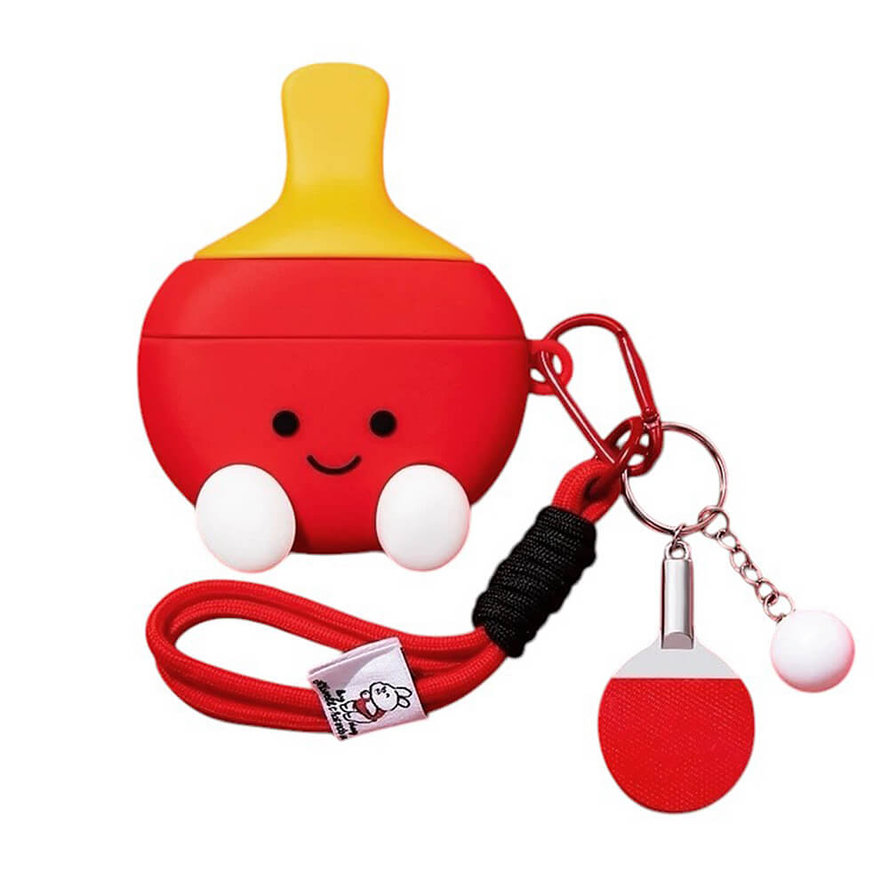 RED AND YELLOW PING PONG PADDLE AIRPODS CASE WITH ACCESSORIES