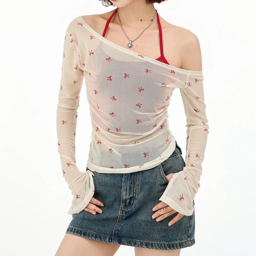 RED BOW MESH TOP: CHIC RED BOW DESIGN