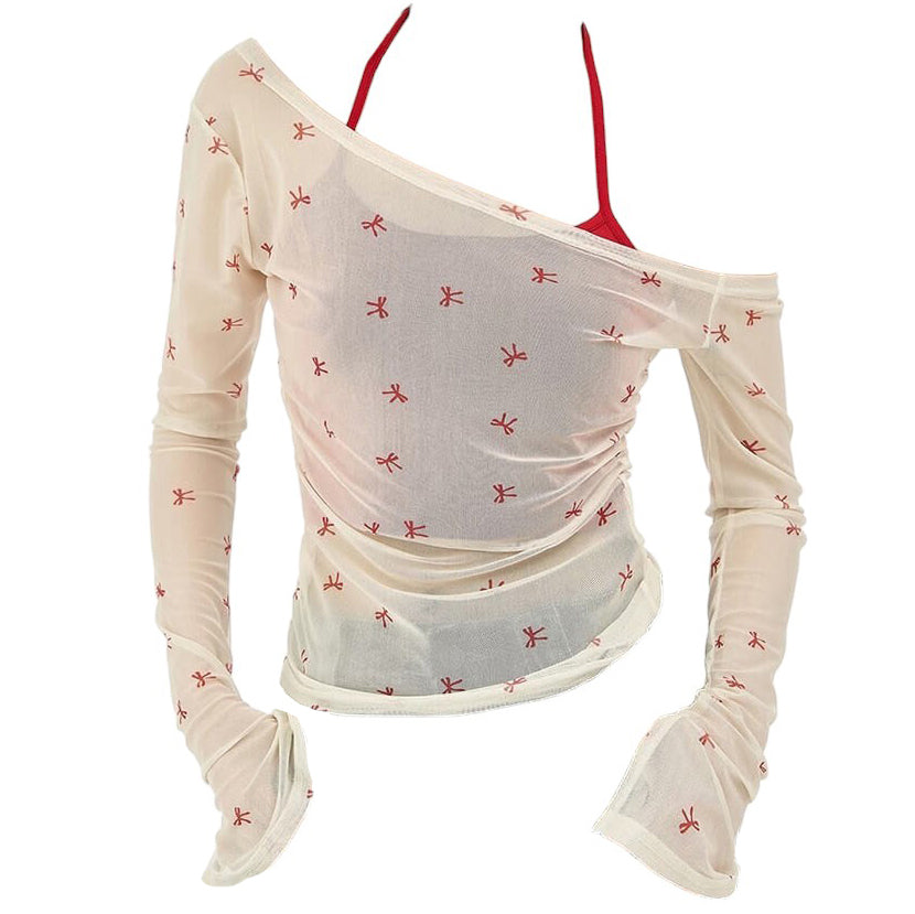 RED BOW MESH TOP: CHIC RED BOW DESIGN