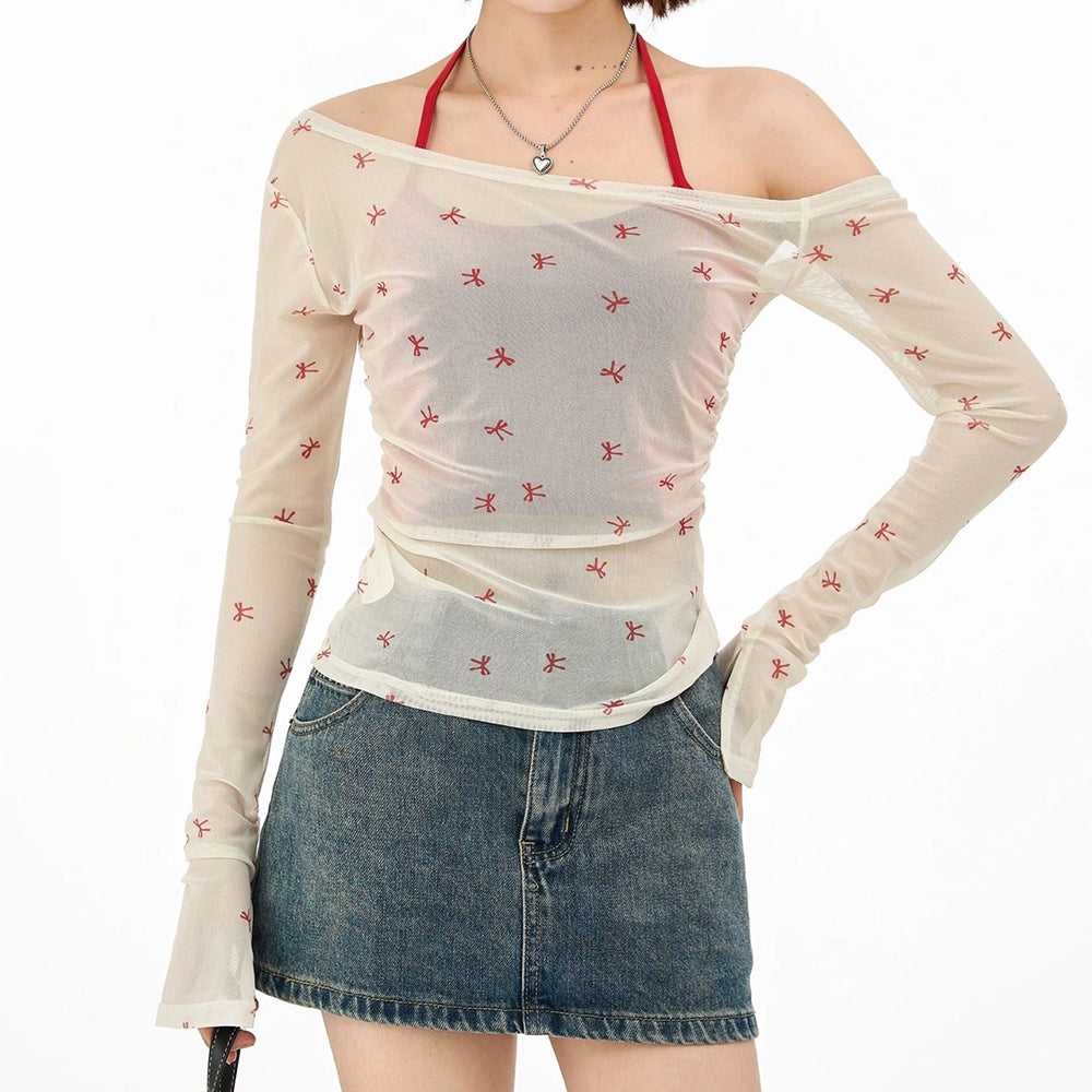 RED BOW MESH TOP: CHIC RED BOW DESIGN