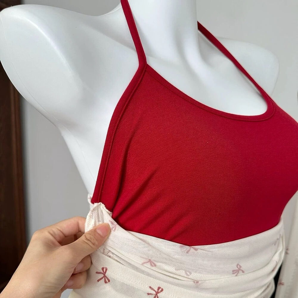 RED BOW MESH TOP: CHIC RED BOW DESIGN