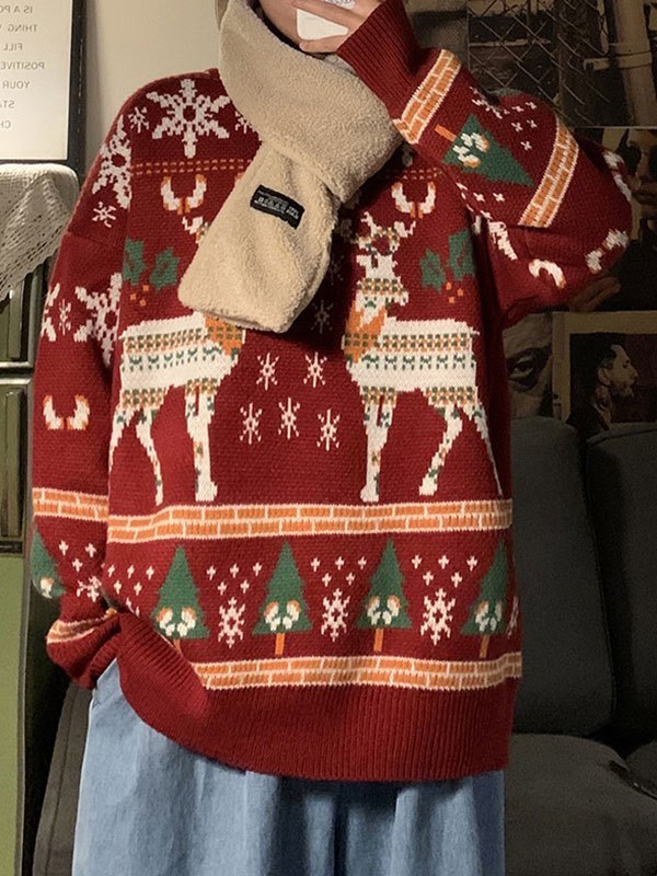 RED CHRISTMAS SWEATER WITH REINDEER – CHRISTMAS DEER PRINT DESIGN