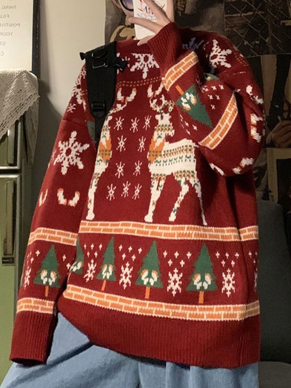 RED CHRISTMAS SWEATER WITH REINDEER – CHRISTMAS DEER PRINT DESIGN