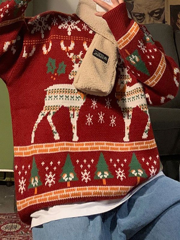 RED CHRISTMAS SWEATER WITH REINDEER – CHRISTMAS DEER PRINT DESIGN