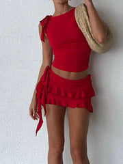 RED CROP TOP AND RUFFLED MINI SKIRT SET - VERSATILE TWO-PIECE SET