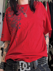 RED GRAPHIC T-SHIRT WITH LOOSE FIT SKULL PRINT