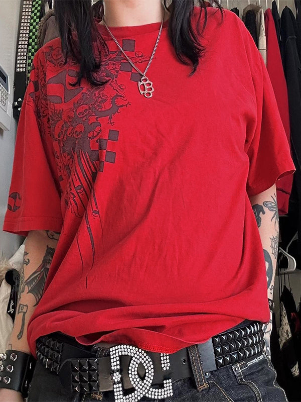 RED GRAPHIC T-SHIRT WITH SKULL PRINT IN LOOSE FIT FOR CASUAL STREET STYLE