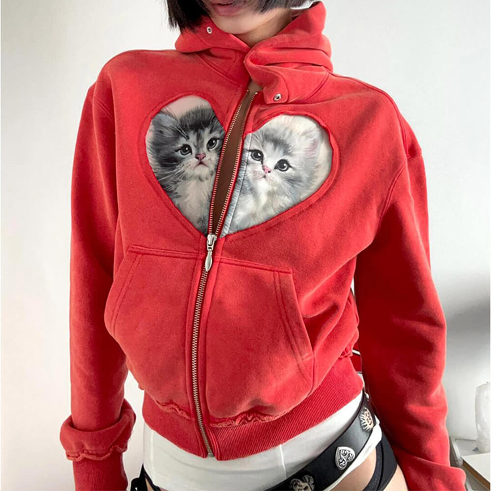 RED KITTEN HEART ZIP HOODIE EVERYDAY WEAR