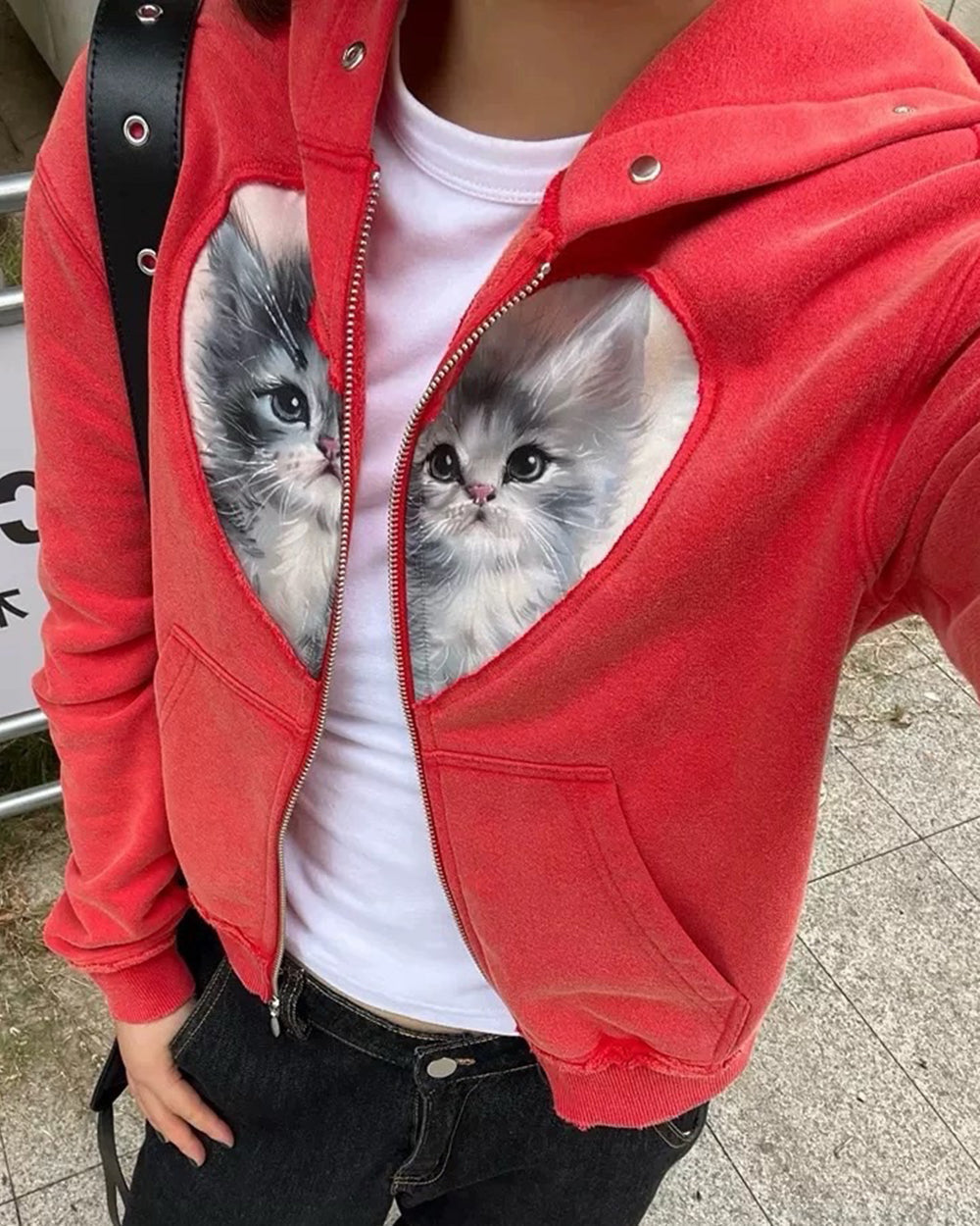 RED KITTEN HEART ZIP HOODIE EVERYDAY WEAR