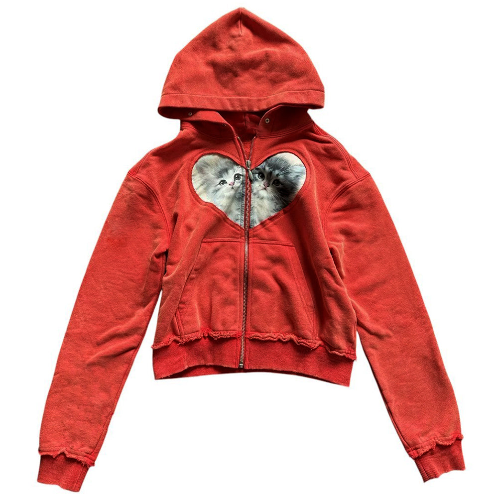 RED KITTEN HEART ZIP HOODIE EVERYDAY WEAR