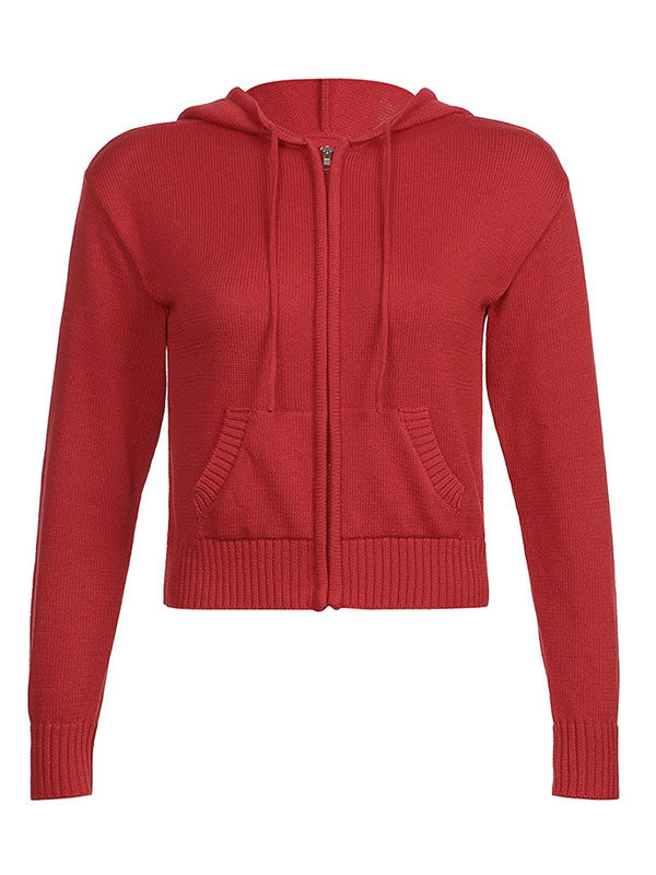 RED KNIT ZIP-UP HOODIE TIMELESS HOODED CROP