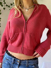 RED KNIT ZIP-UP HOODIE TIMELESS HOODED CROP