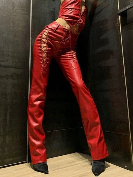RED LACE-UP LEATHER PANTS - EDGY LEATHER PANTS