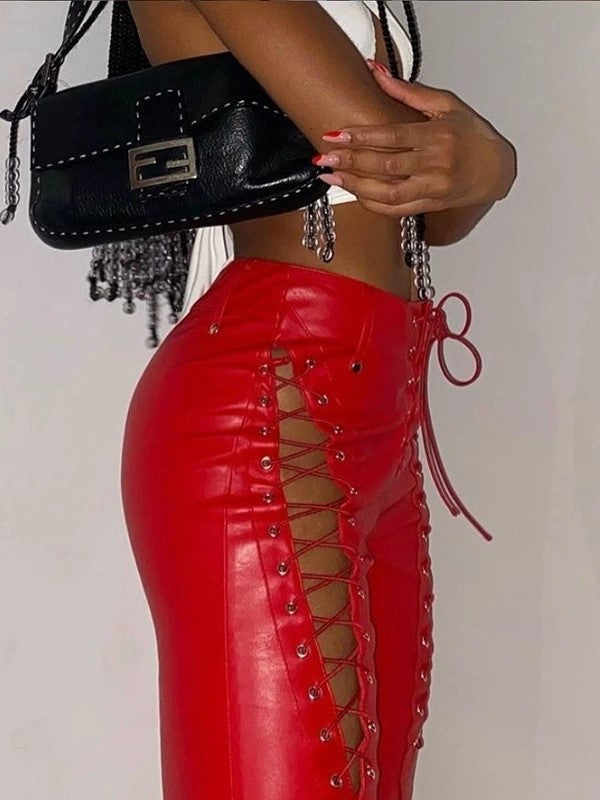 RED LACE-UP LEATHER PANTS - EDGY LEATHER PANTS