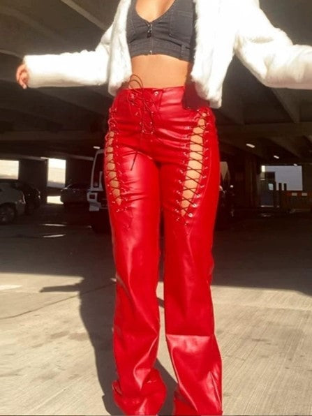 RED LACE-UP LEATHER PANTS - EDGY LEATHER PANTS