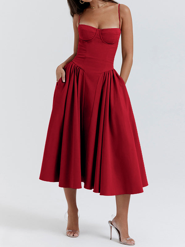 RED MIDI DRESS WITH CAMI STRAPS - ELEGANT MIDI DRESS FOR ANY OCCASION