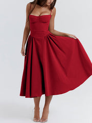 RED MIDI DRESS WITH CAMI STRAPS - ELEGANT MIDI DRESS FOR ANY OCCASION