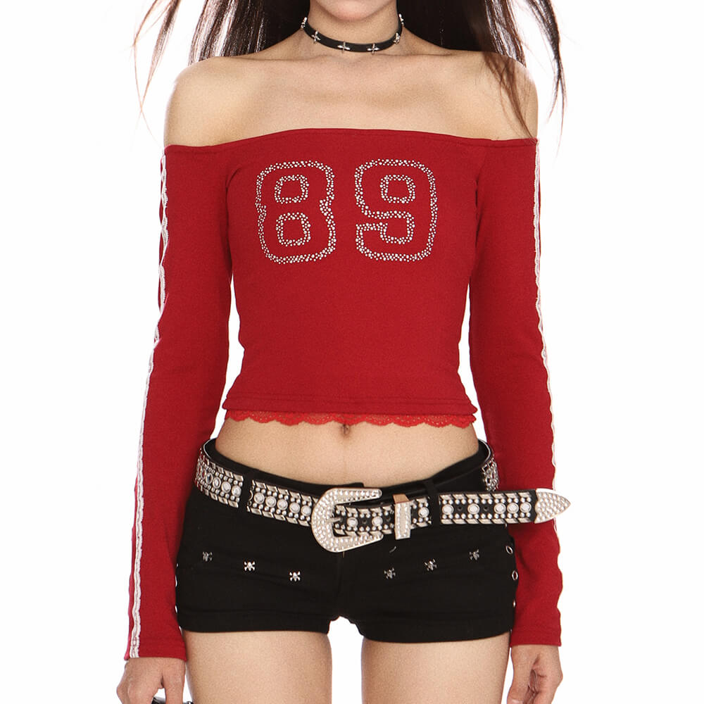RED OFF-SHOULDER RHINESTONE TOP SPARKLEEDGE 89