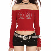 RED OFF-SHOULDER RHINESTONE TOP SPARKLEEDGE 89