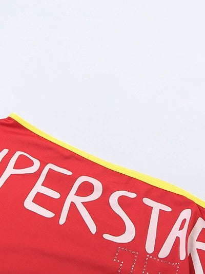 RED OFF-THE-SHOULDER TOP WITH VINTAGE LETTER PRINT