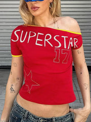 RED OFF-THE-SHOULDER TOP WITH VINTAGE LETTER PRINT