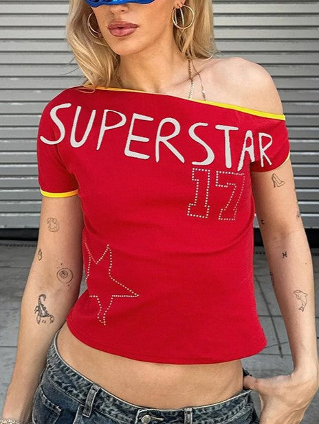 RED OFF-THE-SHOULDER TOP WITH VINTAGE LETTER PRINT