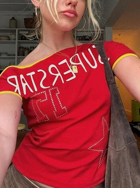 RED OFF-THE-SHOULDER TOP WITH VINTAGE LETTER PRINT