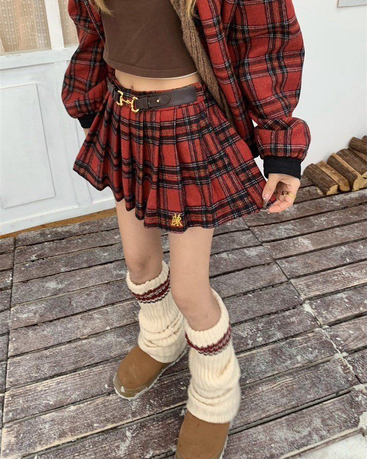 RED PLAID MINI SKIRT WITH FAUX LEATHER BELT