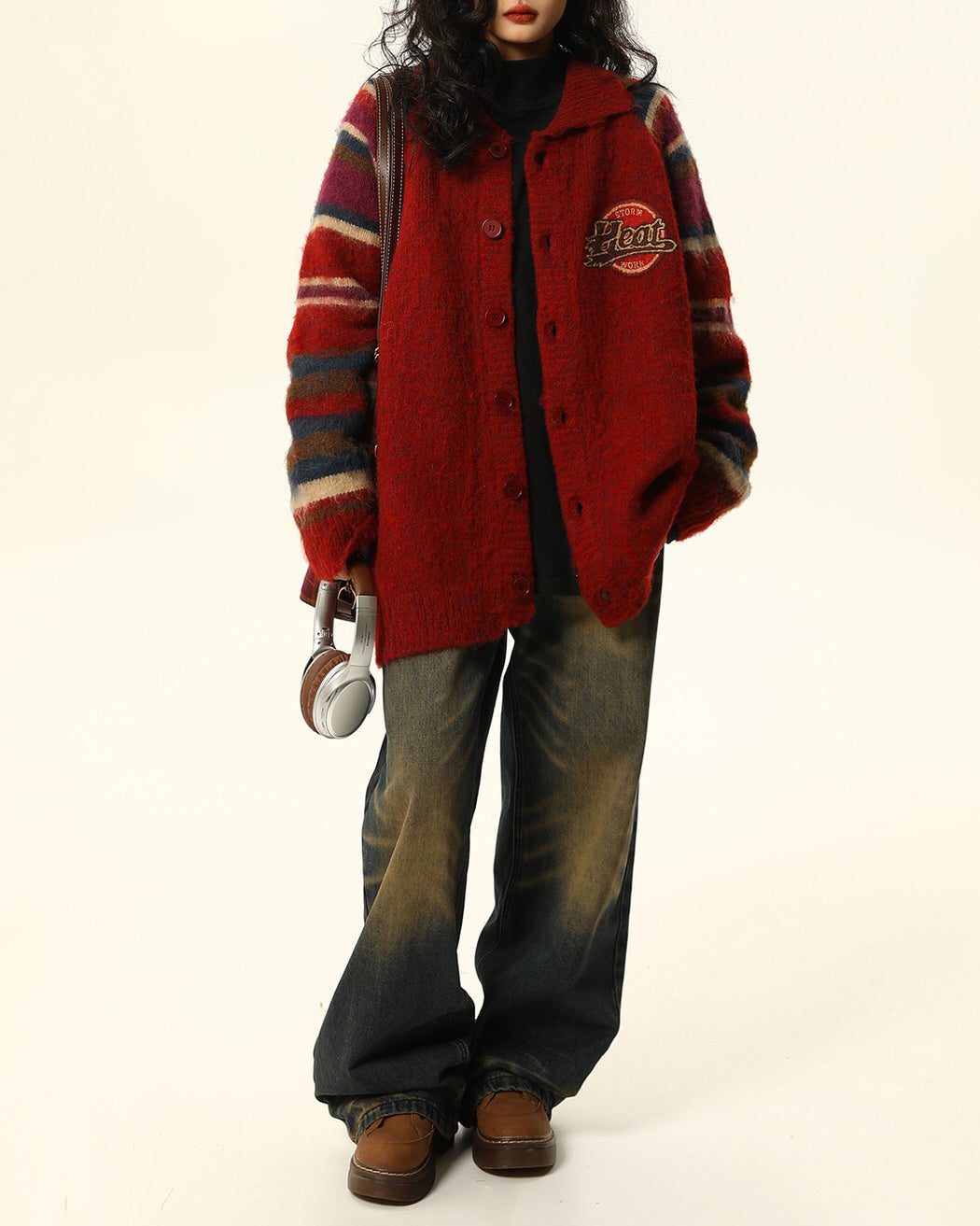 RED PLAID SLEEVE CARDIGAN: PREPPY STYLE COLLEGE JACKET