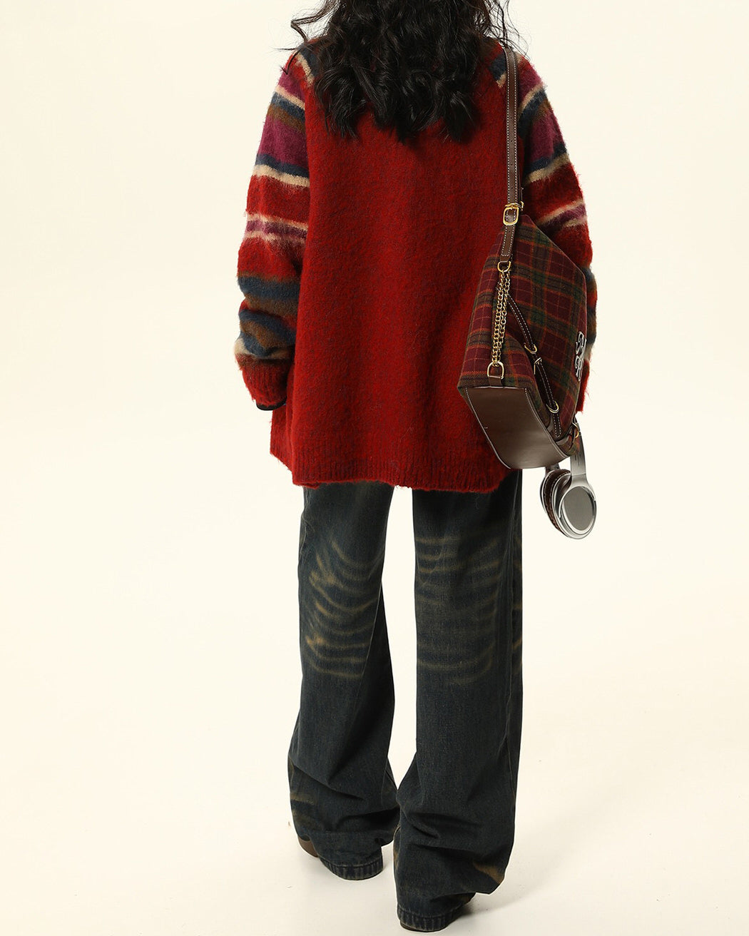 RED PLAID SLEEVE CARDIGAN: PREPPY STYLE COLLEGE JACKET